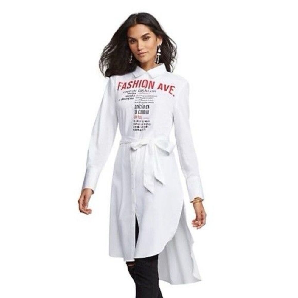 New York & Company Shirt Dress MED Graphic Button Down Belted Typography Tunic